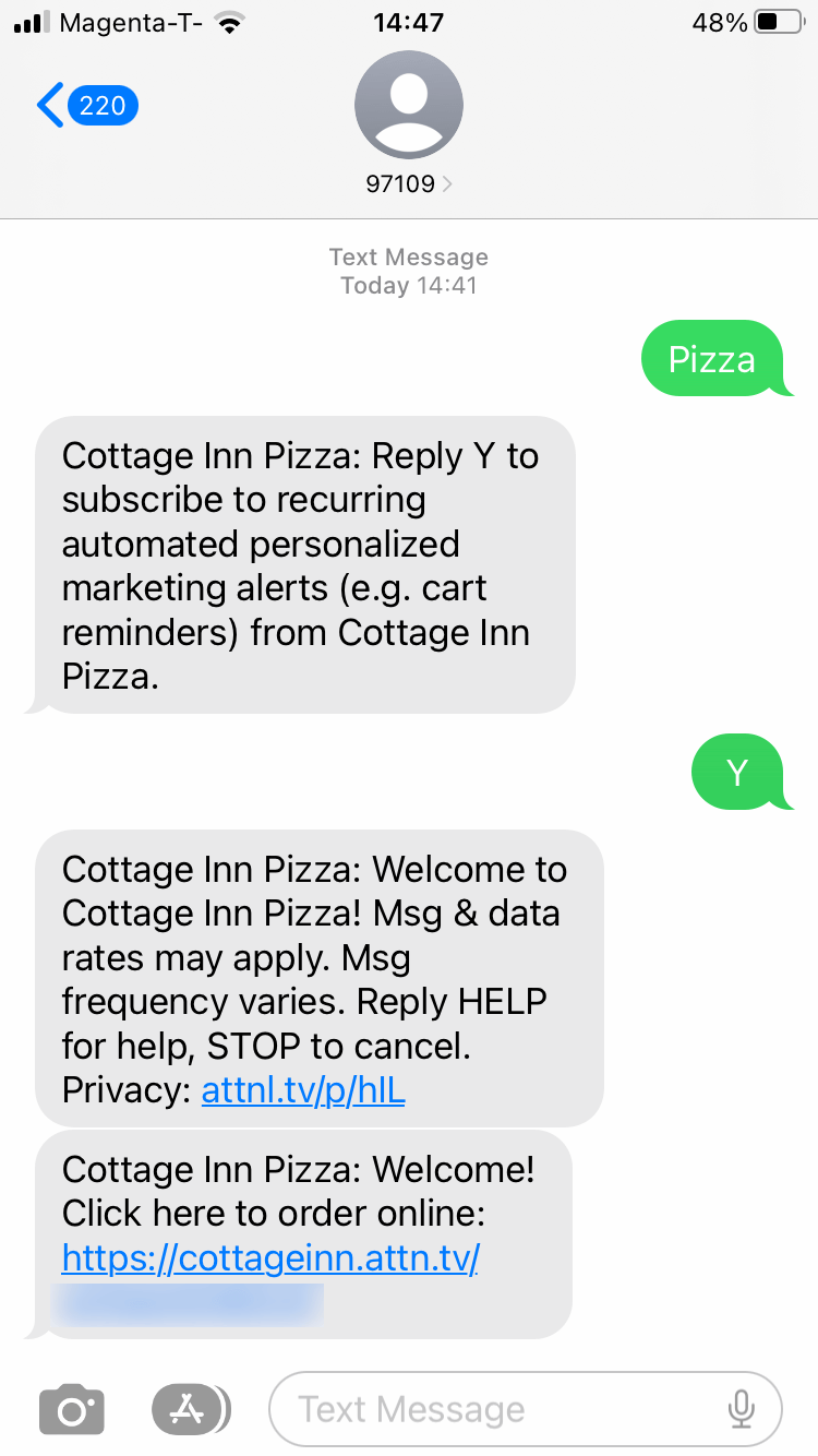 Short Code Cottage Inn Pizza text messaging