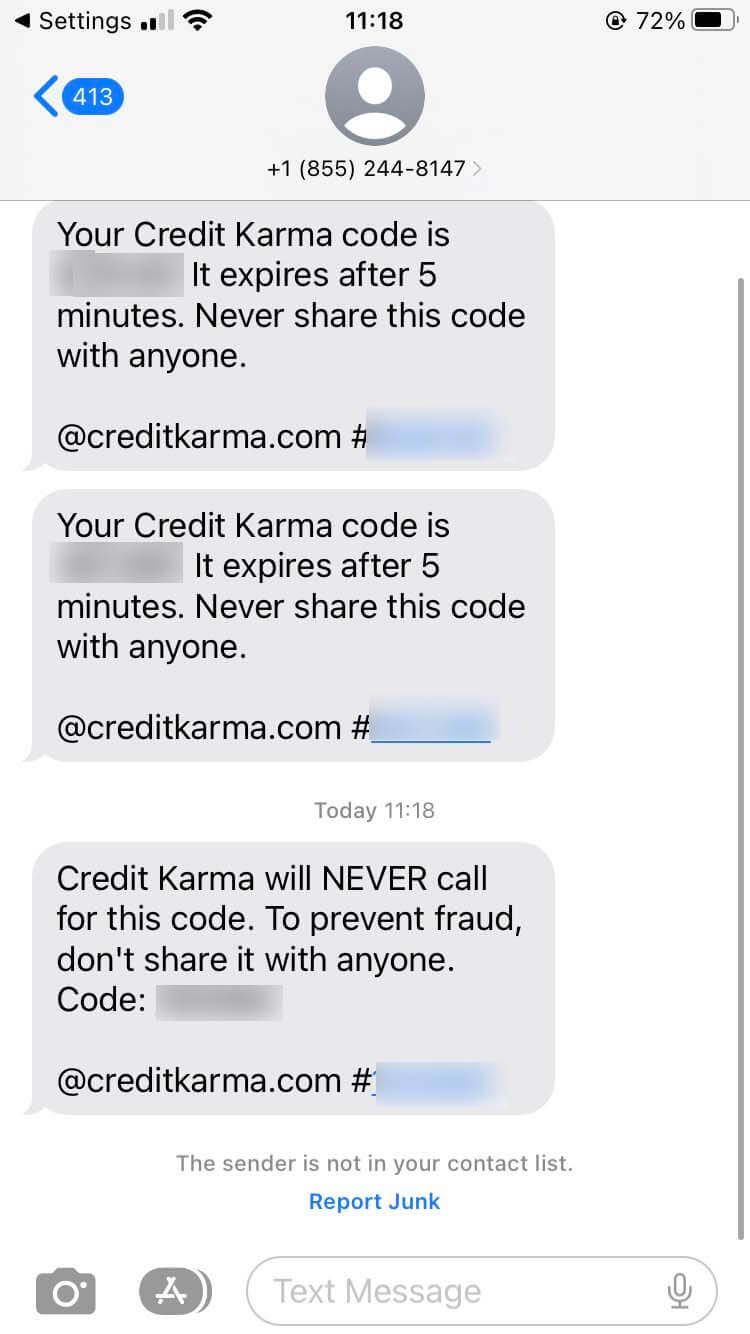 Long Code Credit Karma text messaging