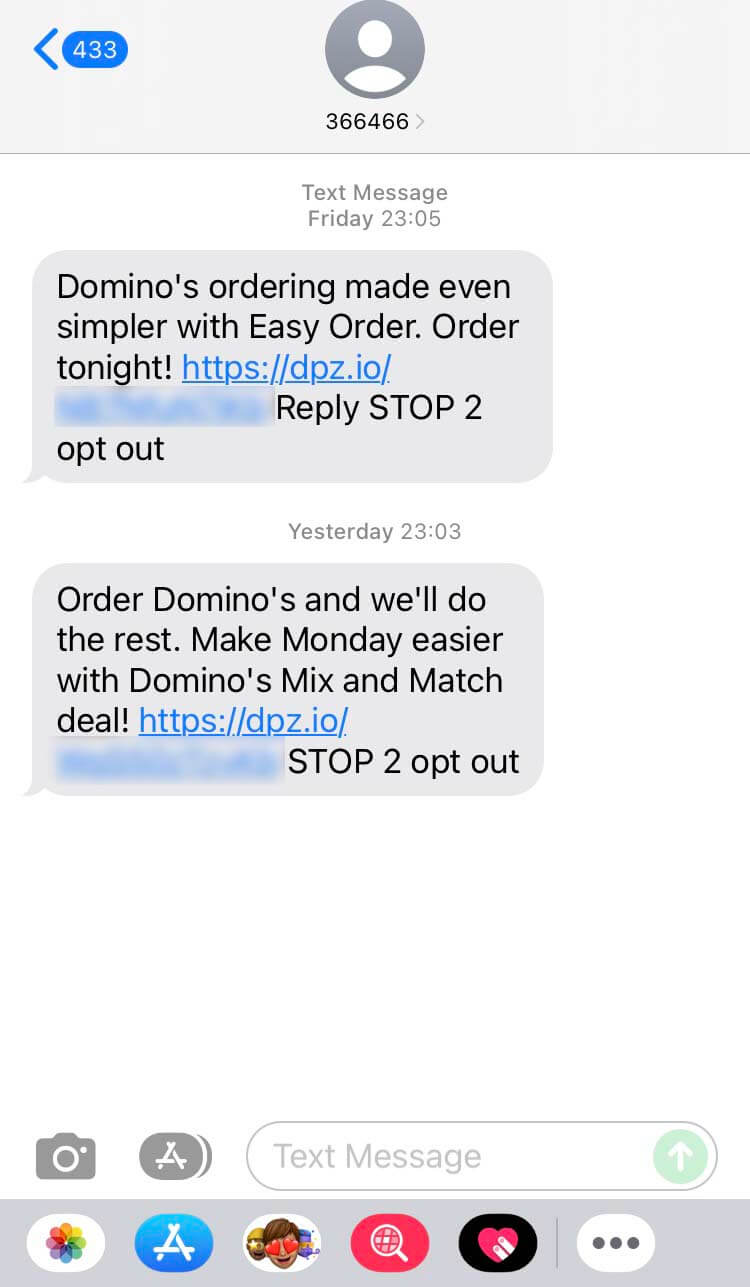 Short Code Domino's Pizza text messaging