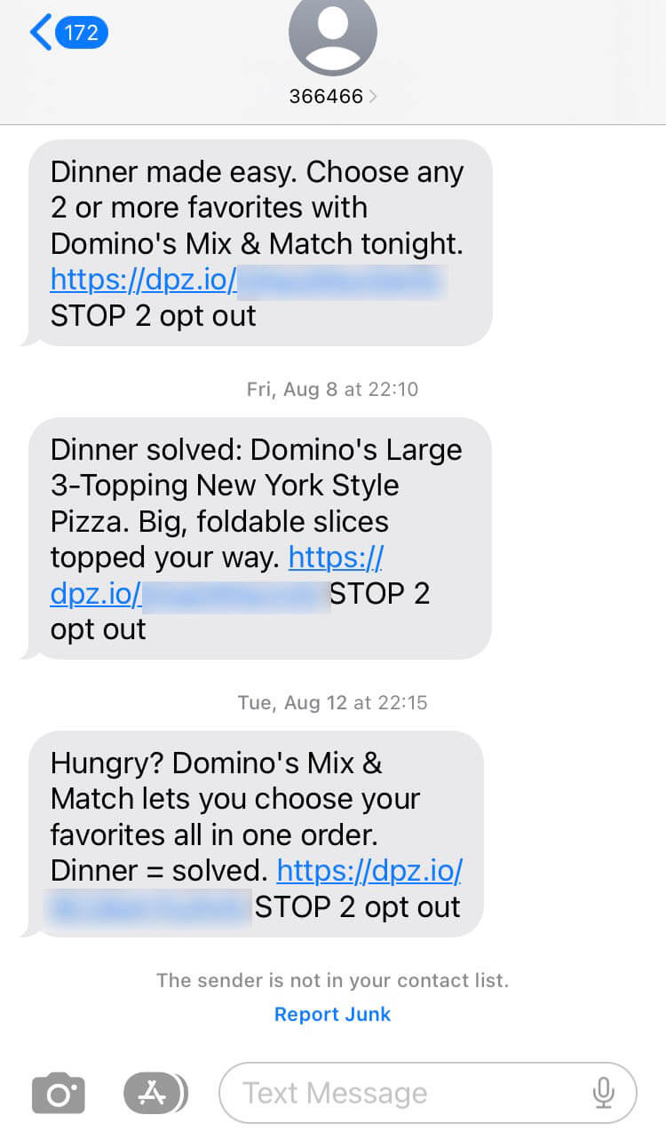Short Code Domino's Pizza text messaging