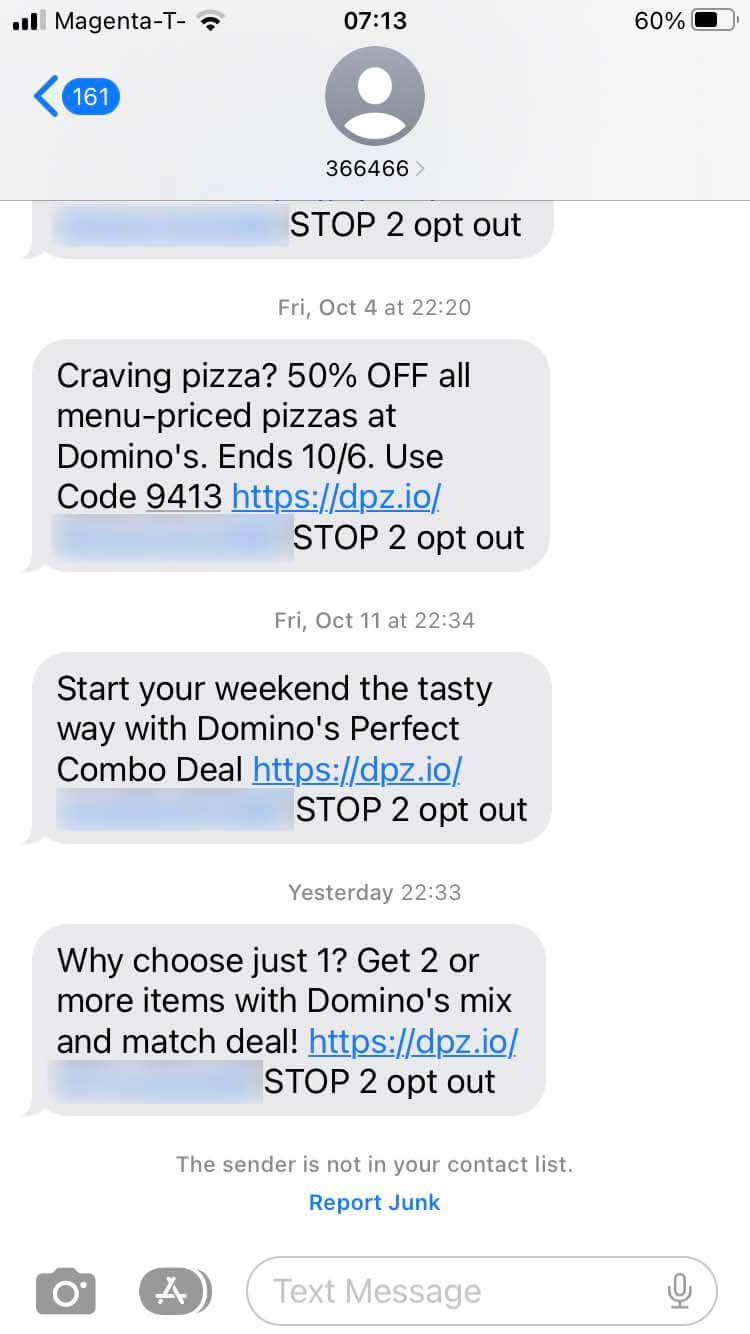 Short Code Domino's Pizza text messaging