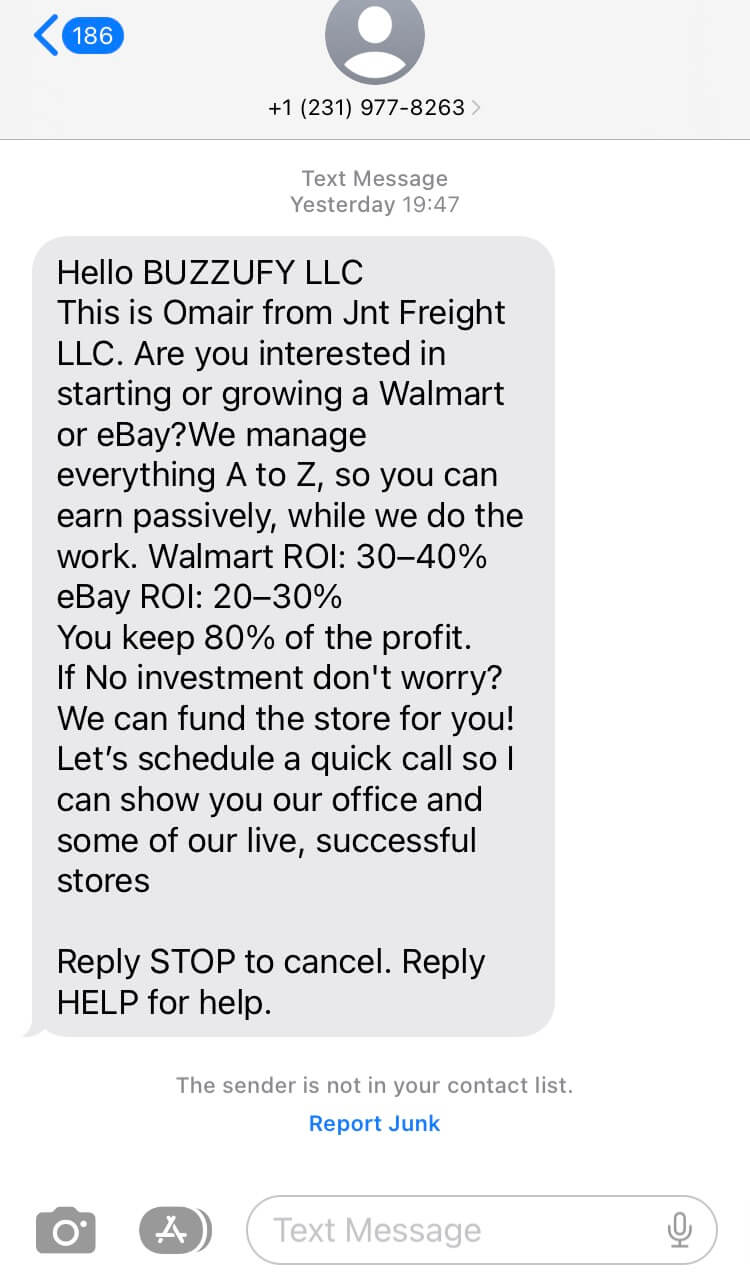 Long Code Jnt Freight LLC text messaging