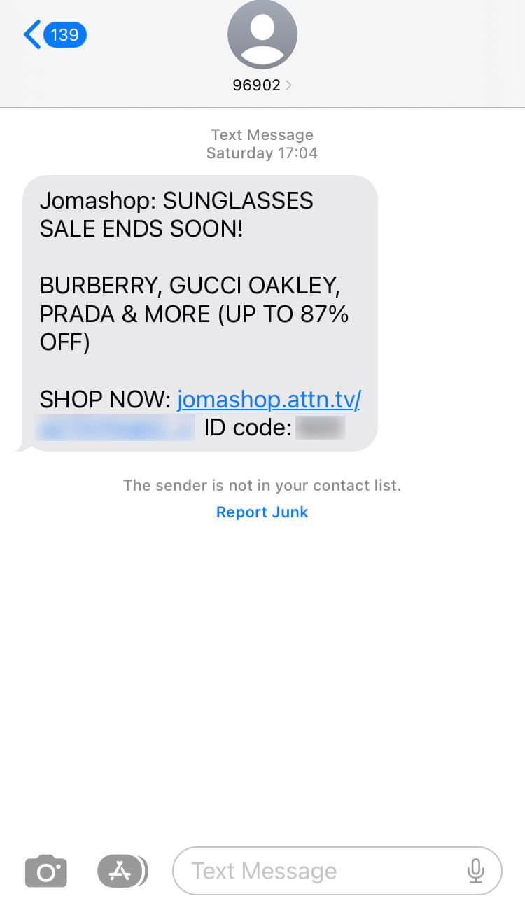 Short Code Jomashop text messaging