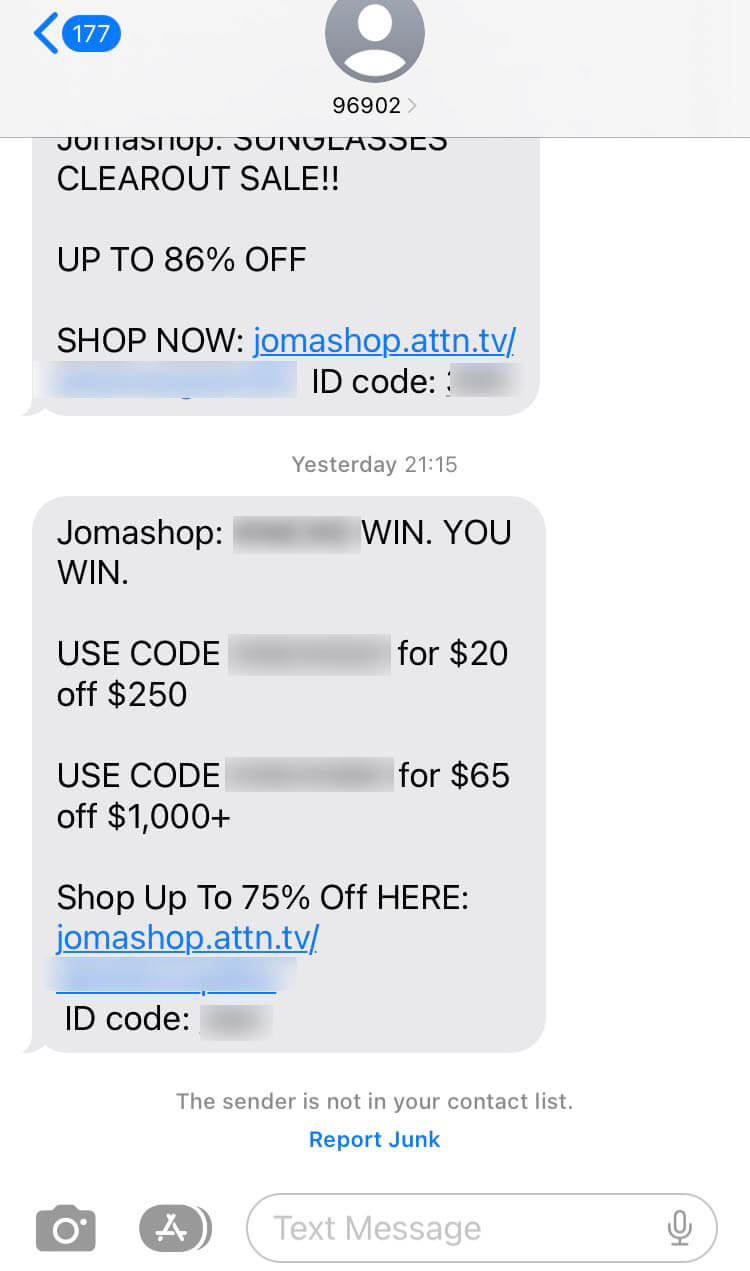 Short Code Jomashop text messaging