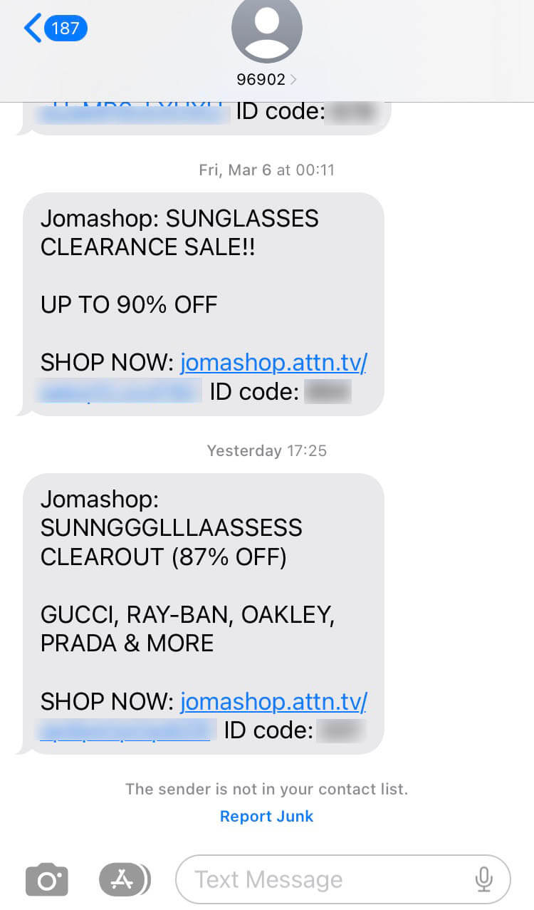 Short Code Jomashop text messaging