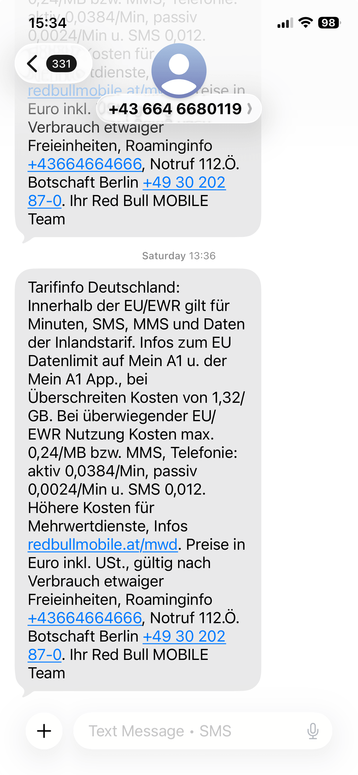 Long Code Red Bull MOBILE AT text messaging