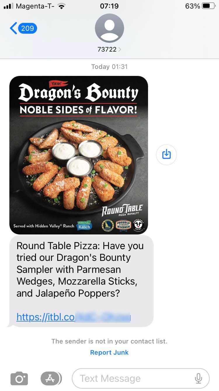 Short Code RoundTablePizza text messaging