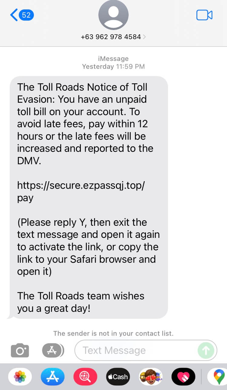 Long Code SPAM / Fraud The Toll Roads Notice of Toll Evasion text messaging