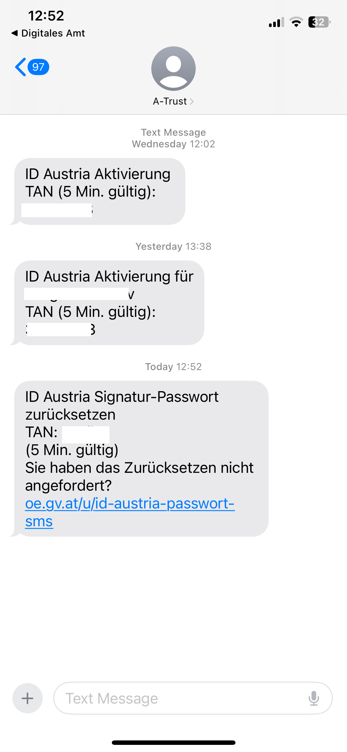 Short Code A-Trust - ID Austria text messaging