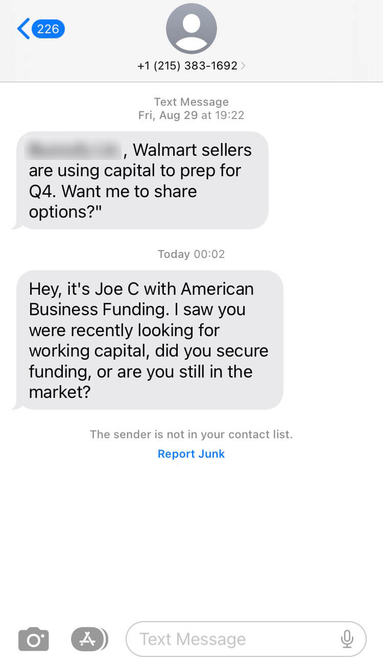 Long Code American Business Funding text messaging