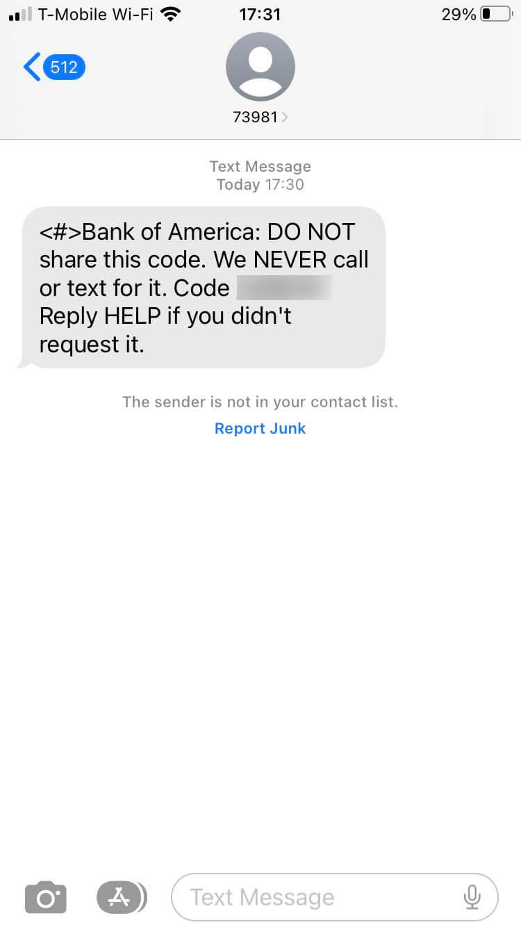 Short Code Bank of America text messaging