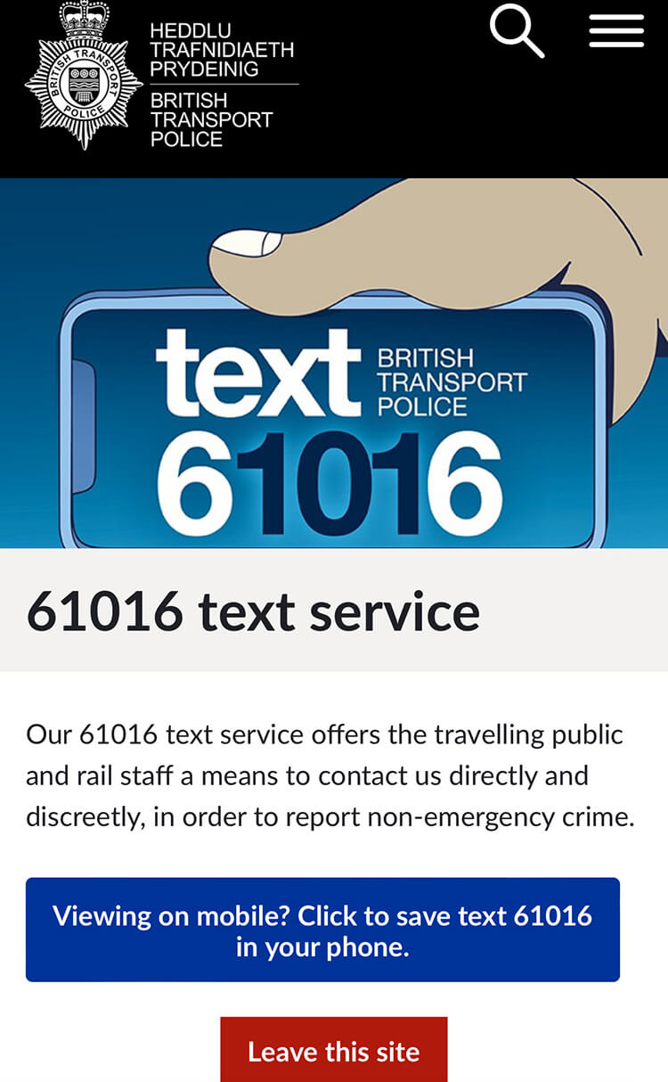 Short Code British Transport Police text messaging