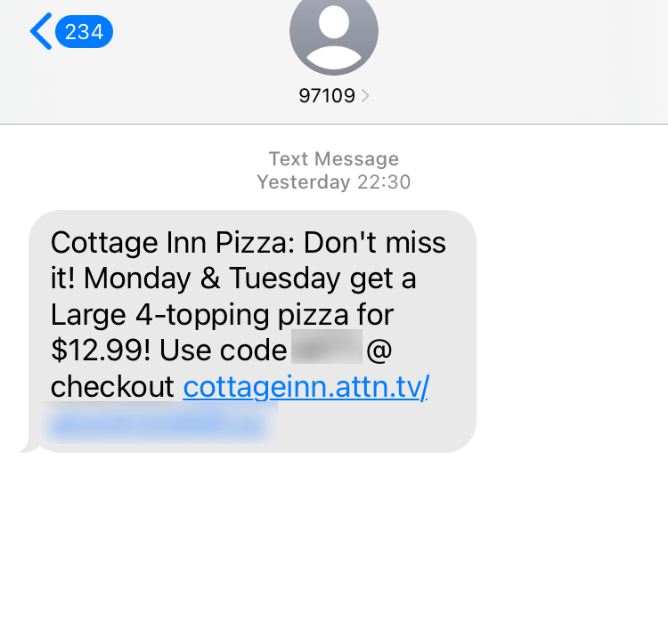Short Code Cottage Inn Pizza text messaging