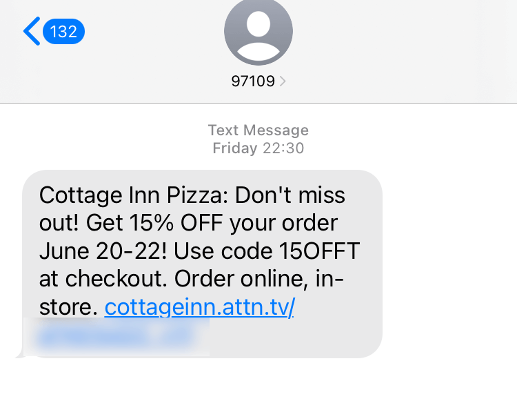 Short Code Cottage Inn Pizza text messaging