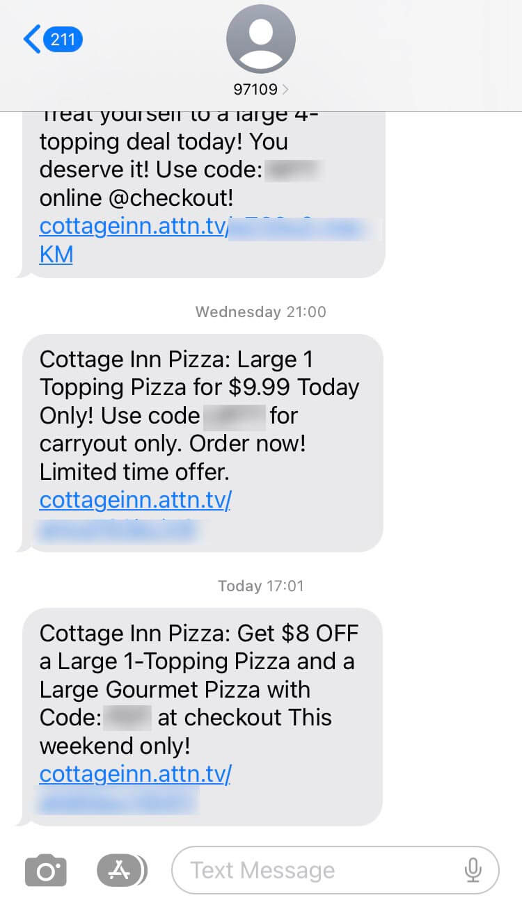 Short Code Cottage Inn Pizza text messaging