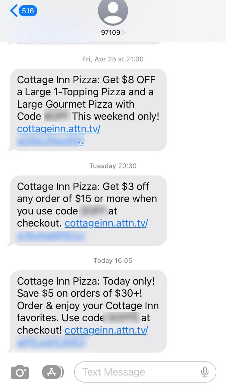 Short Code Cottage Inn Pizza text messaging