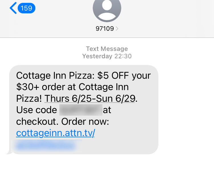 Short Code Cottage Inn Pizza text messaging