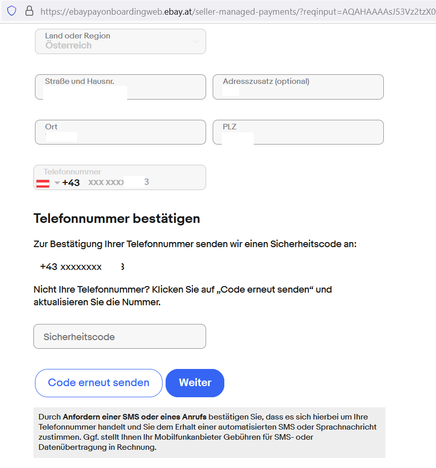 Short Code eBay Austria text messaging