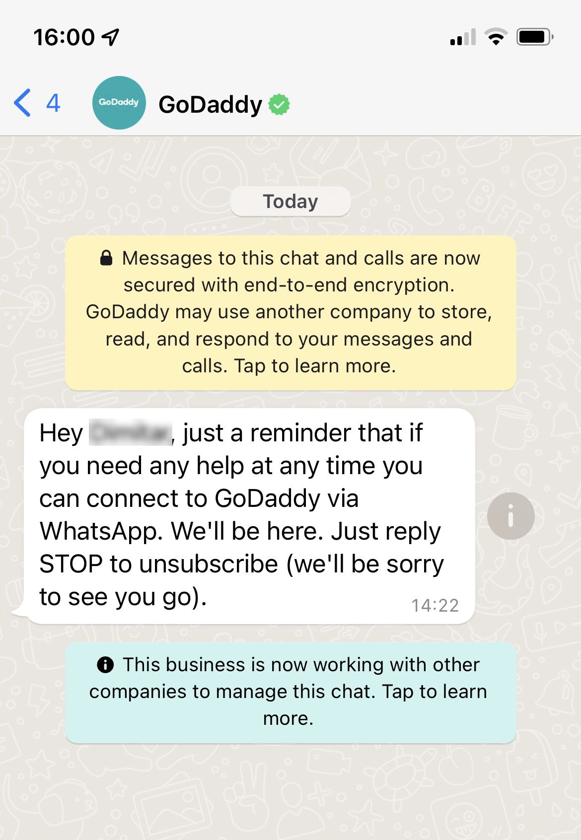 Long Code GO DADDY EUROPE LIMITED text messaging