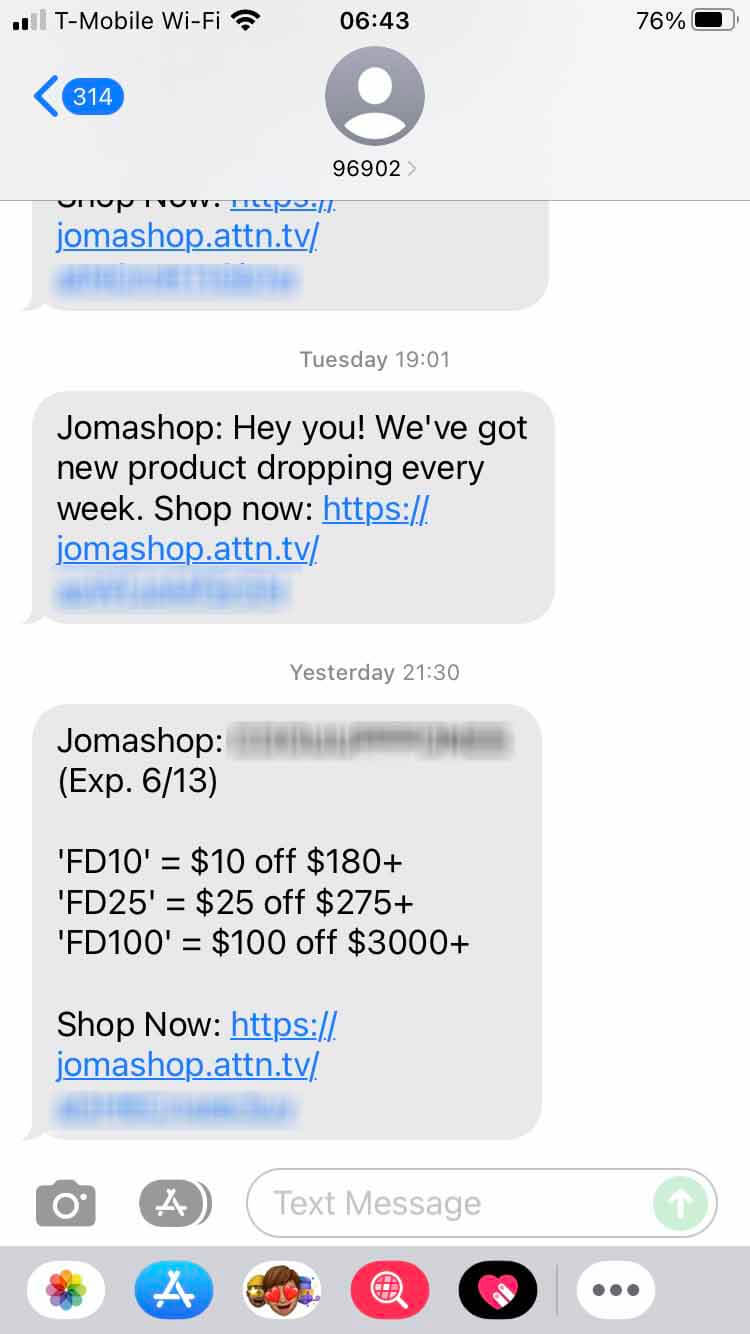 Short Code Jomashop text messaging