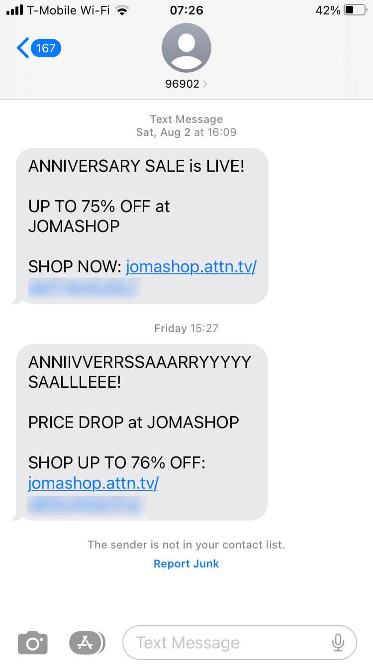 Short Code Jomashop text messaging