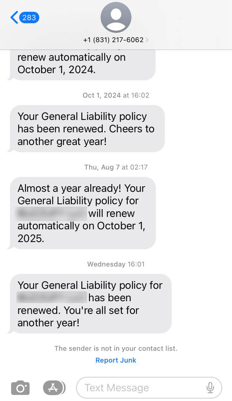 Long Code Next Insurance text messaging