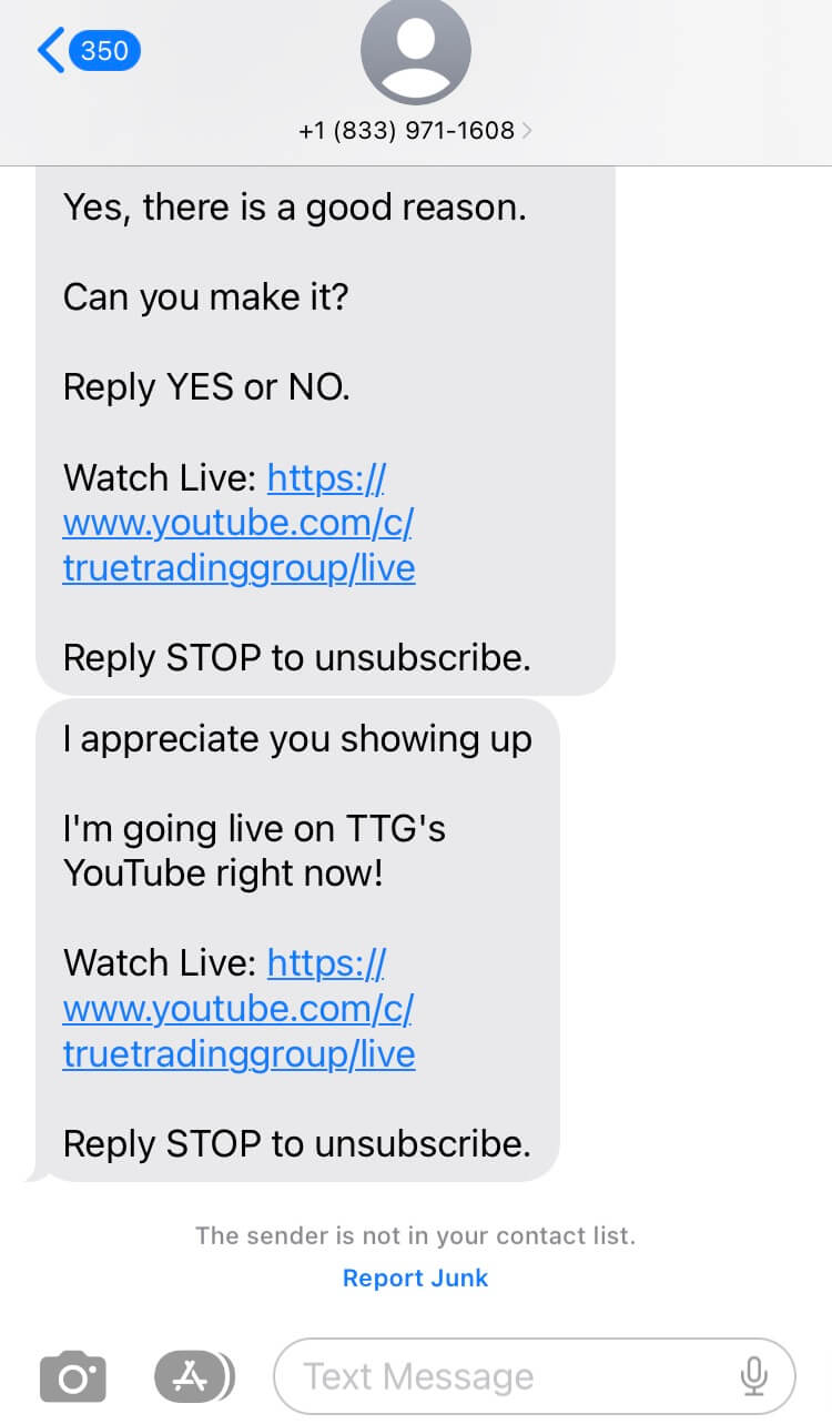 Long Code True Trading Group text messaging