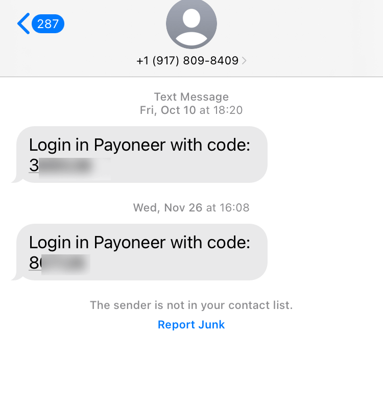 Long Code Payoneer text messaging