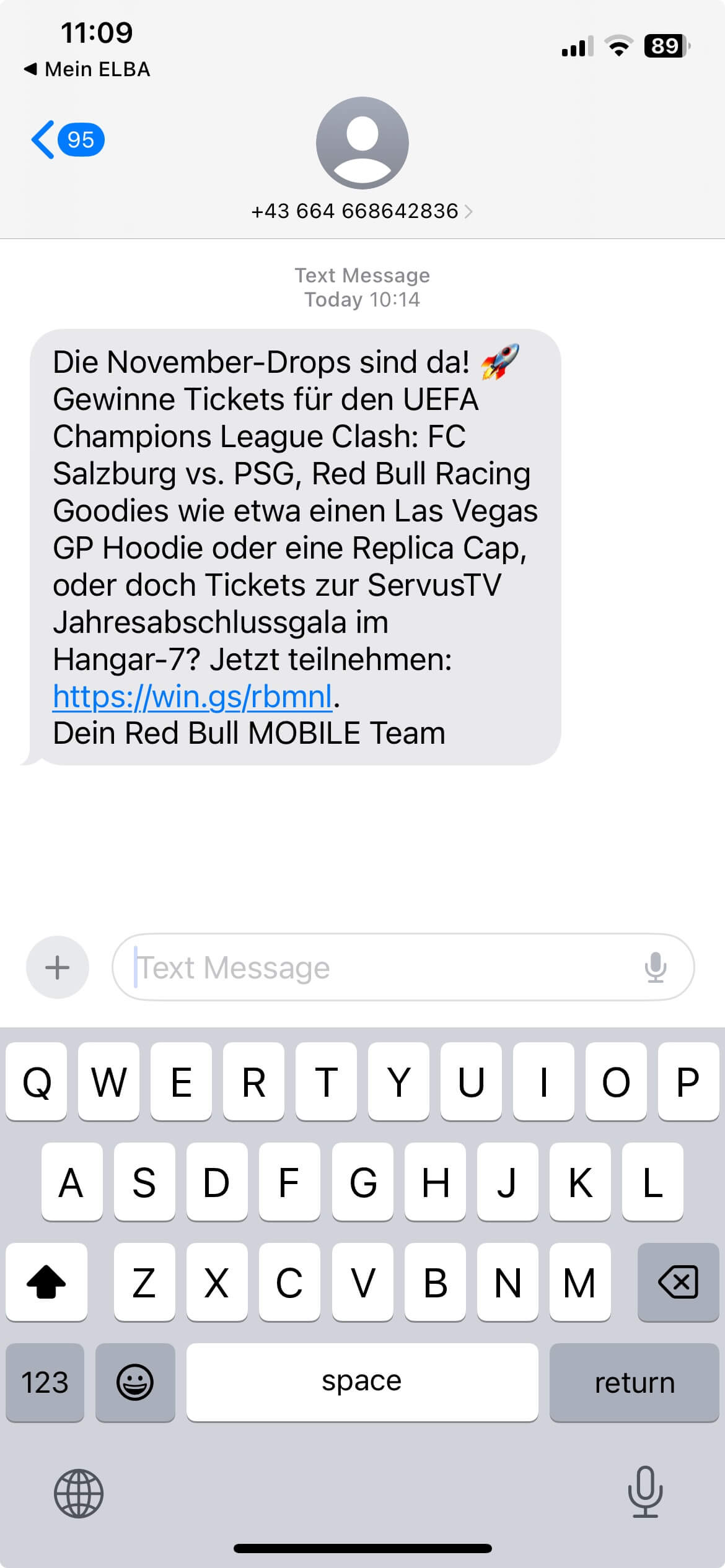 Long Code Red Bull Mobile Austria text messaging