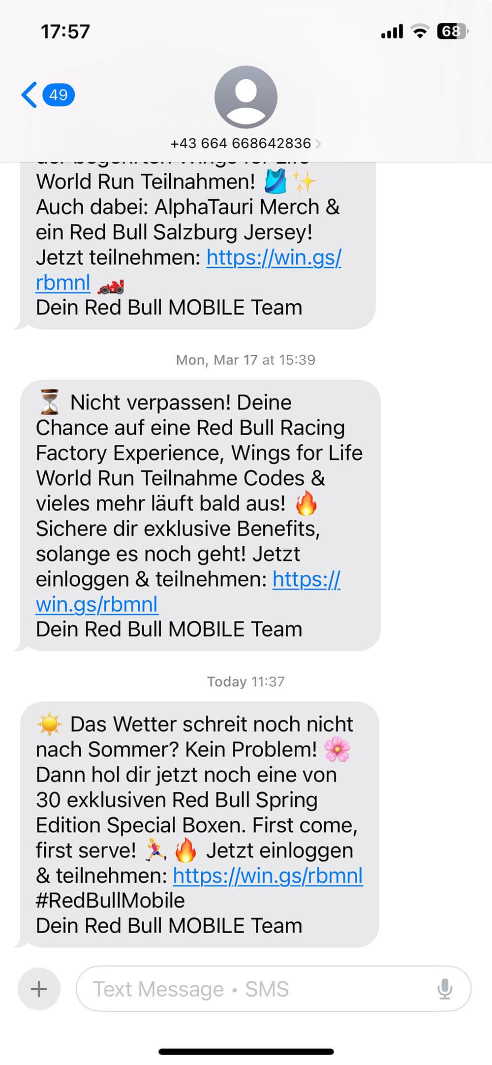 Long Code Red Bull Mobile Austria text messaging