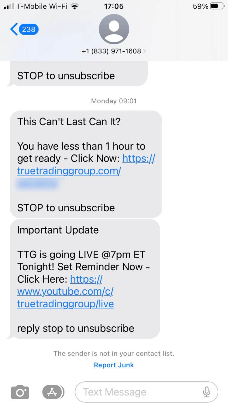 Long Code True Trading Group text messaging
