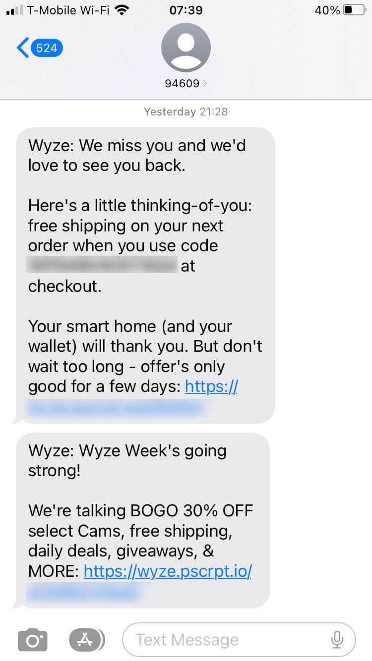 Short Code Wyze text messaging