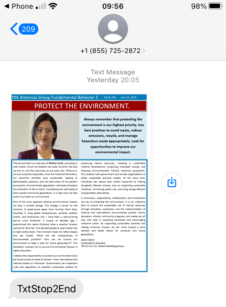Long Code  YKK Americas Group text messaging